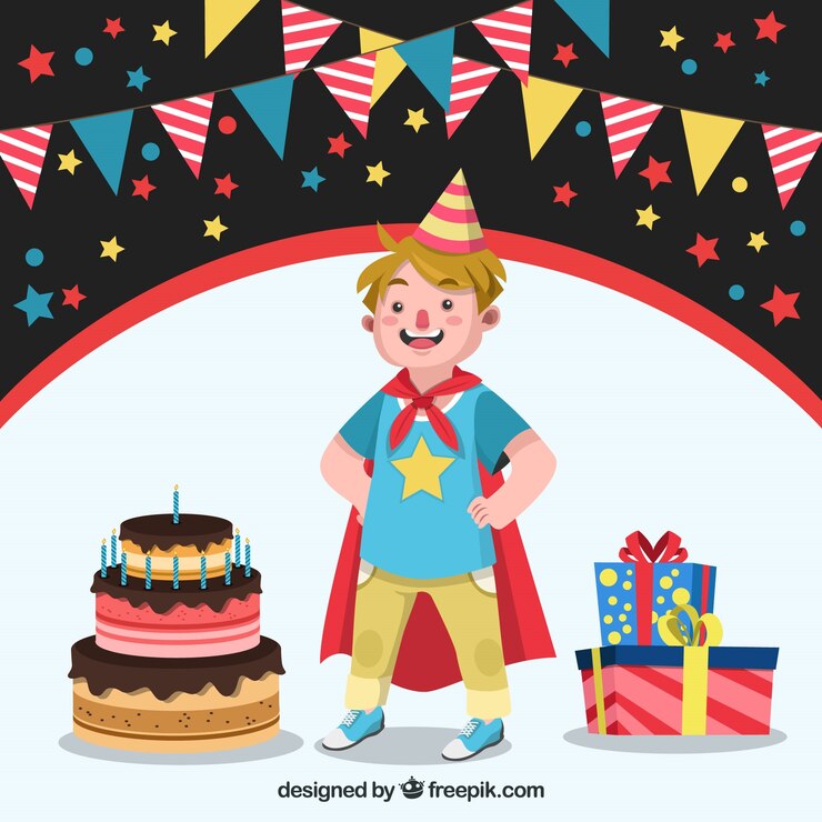 Vector gratuito fondo de niño con capa de super héroe y tarta de cumpleaños