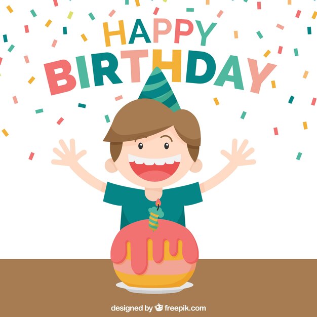 Fondo de niño feliz con tarta y confeti