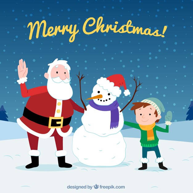 Fondo de niño con santa claus y muñeco de nieve 