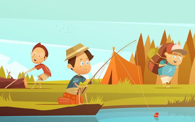 Fondo de niños de camping con carpa de pesca y ilustración vectorial de dibujos animados de mochila