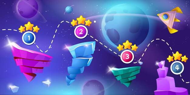 Fondo de nivel de juego espacial con plataformas de cristal y cohete