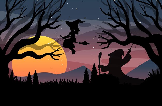 Fondo de noche de halloween con silueta de bruja