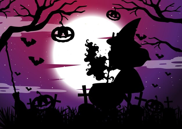 Fondo de noche de halloween con silueta de bruja