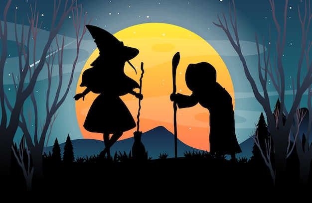Fondo de la noche de halloween con silueta de brujas