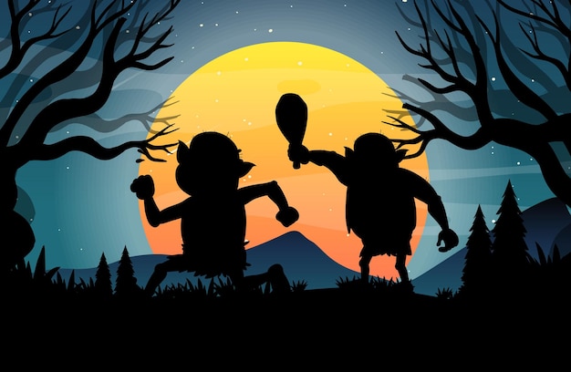 Fondo de noche de halloween con silueta de trolls