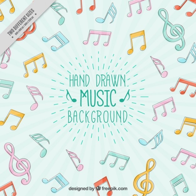 Fondo con notas musicales de colores dibujadas a mano