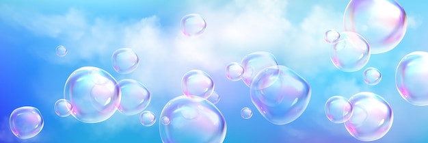Vector gratuito fondo de nube realista con espuma de vidrio iridiscente esfera de burbuja de jabón de espectro de sueño 3d que sopla en aire nublado ilustración de diseño de textura esponjosa espacio azul soleado con niebla natural de cúmulo