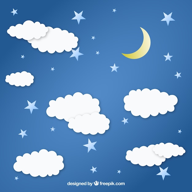 Vector gratuito fondo de nubes y luna con estrellas