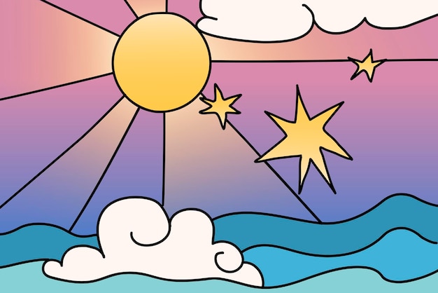 Fondo de océano de sol estético, vector de ilustración de diseño de doodle