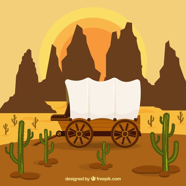 Fondo del oeste con carruaje y montañas rocosas