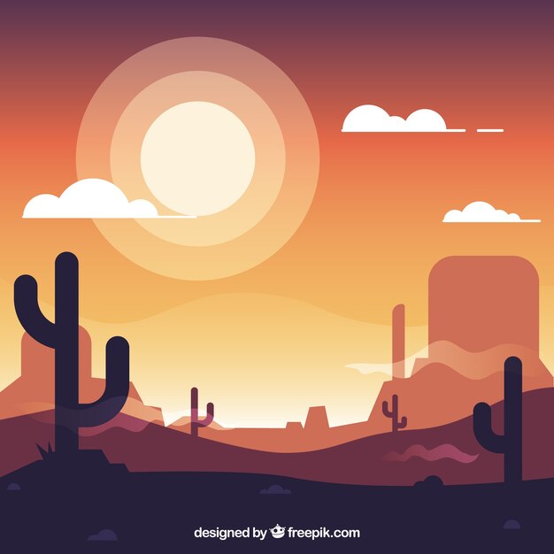 Fondo del oeste plano con cactus y sol