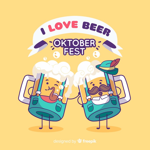 Vector gratuito fondo de oktoberfest con jarras de cerveza divertidas