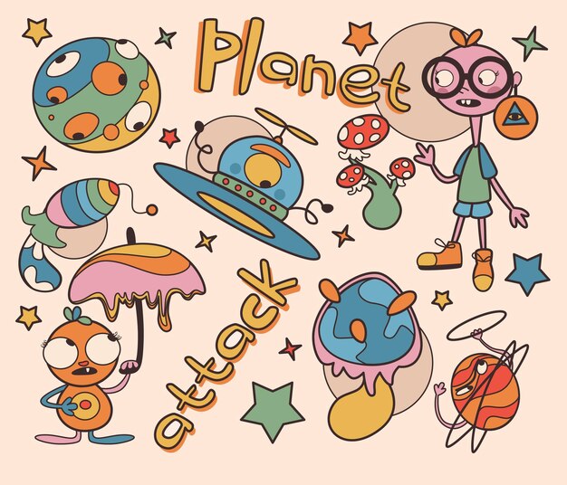 Fondo de onda de vapor con criaturas espaciales abstractas y objetos aislados en fondo beige Ilustración vectorial de planetas alienígenas cohetes y estrellas de naves espaciales carácter con hongos paraguas