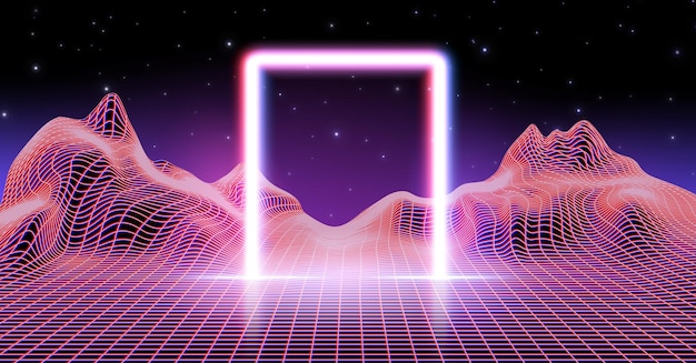 Fondo de ondas sintéticas de neón con arco y cuadrícula retro