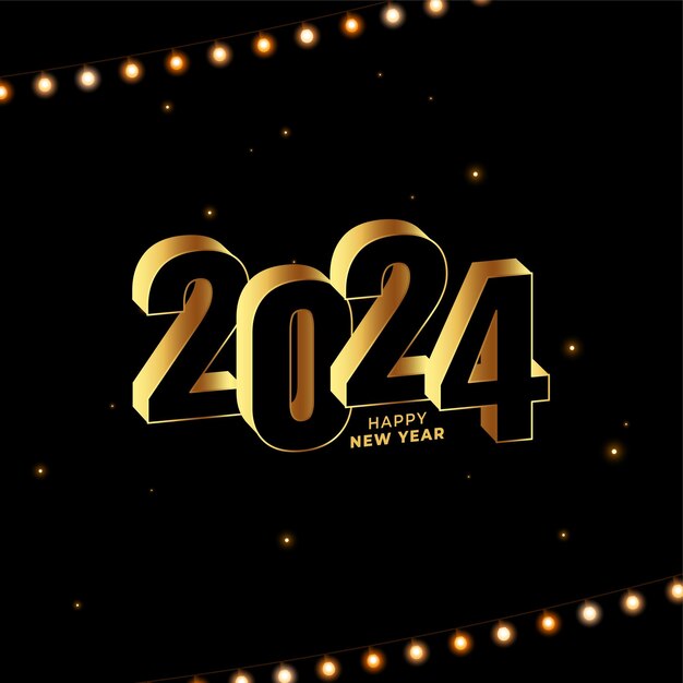 Fondo oscuro de año nuevo estilo 3d 2024 con vector de guirnalda de luz brillante