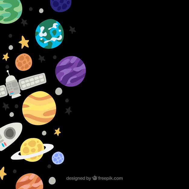 Fondo oscuro con elementos de espacio en diseño plano 