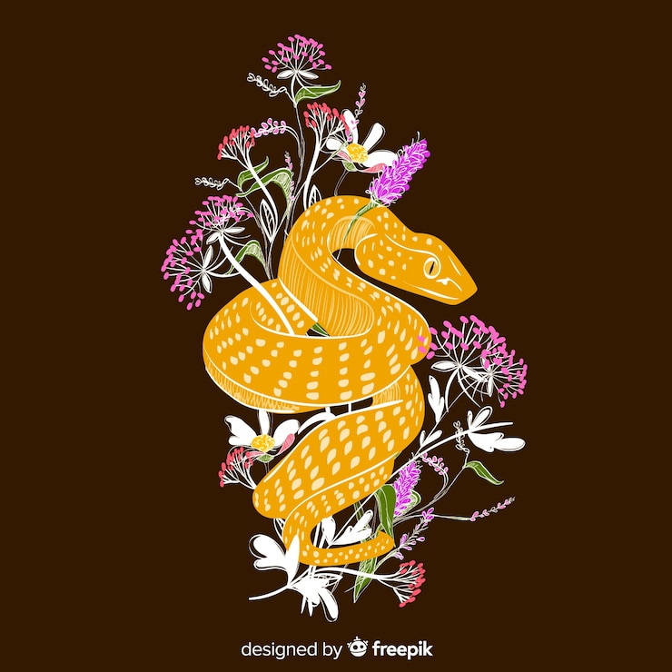 Vector gratuito fondo oscuro serpiente con flores dibujada a mano