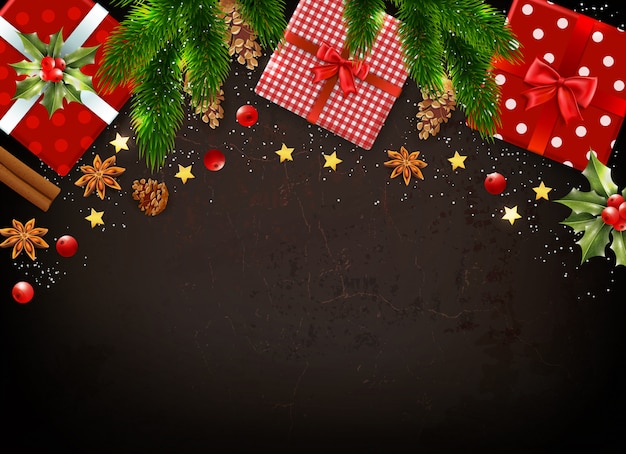 Fondo oscuro con varios símbolos coloridos de Navidad como cajas de regalo muérdago deja ramas de abeto realistas