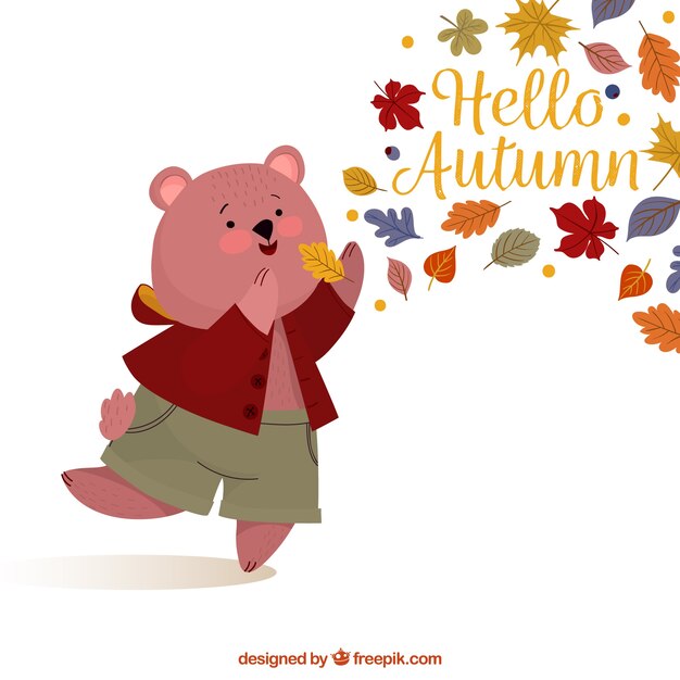 Fondo otoñal con oso adorable