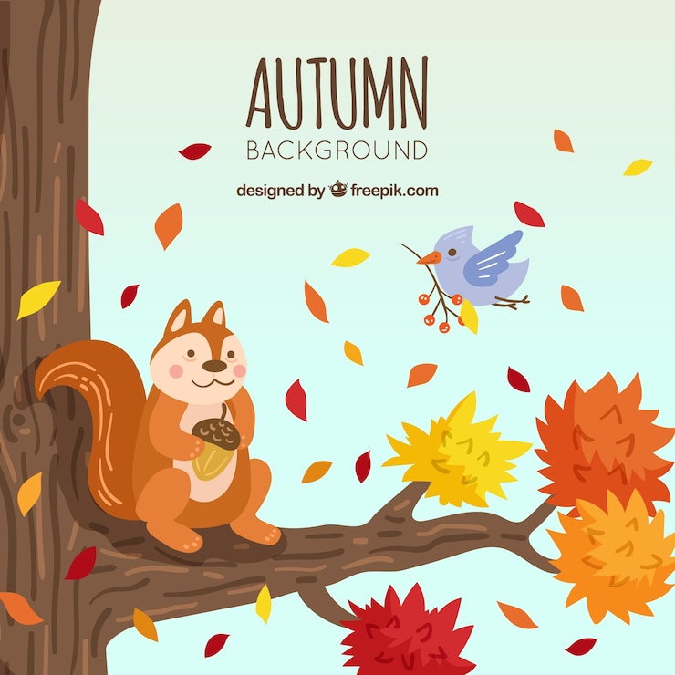 Vector gratuito fondo de otoño con árbol y animales