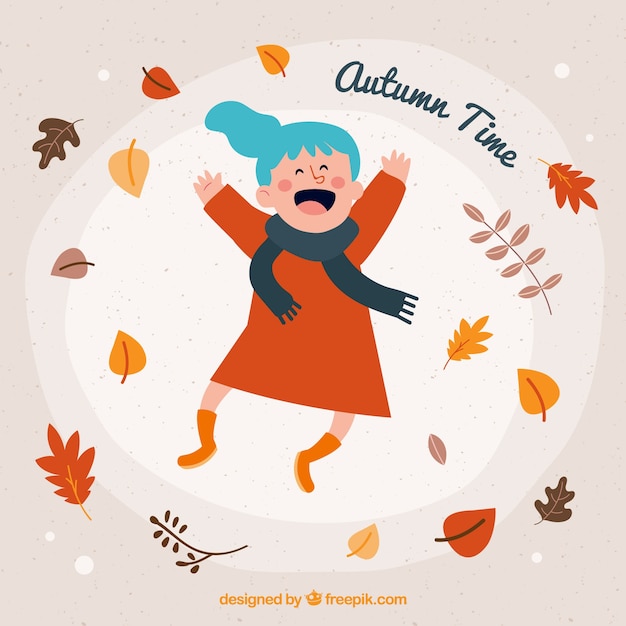 Fondo de otoño con chica feliz