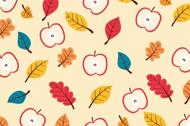 Fondo otoño dibujado a mano con hojas y manzanas