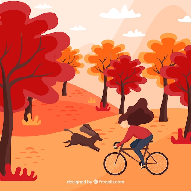 Fondo de otoño con mujer en bici