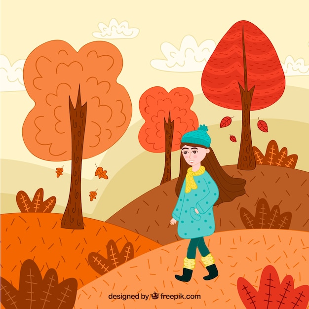 Fondo de otoño con mujer en paisaje