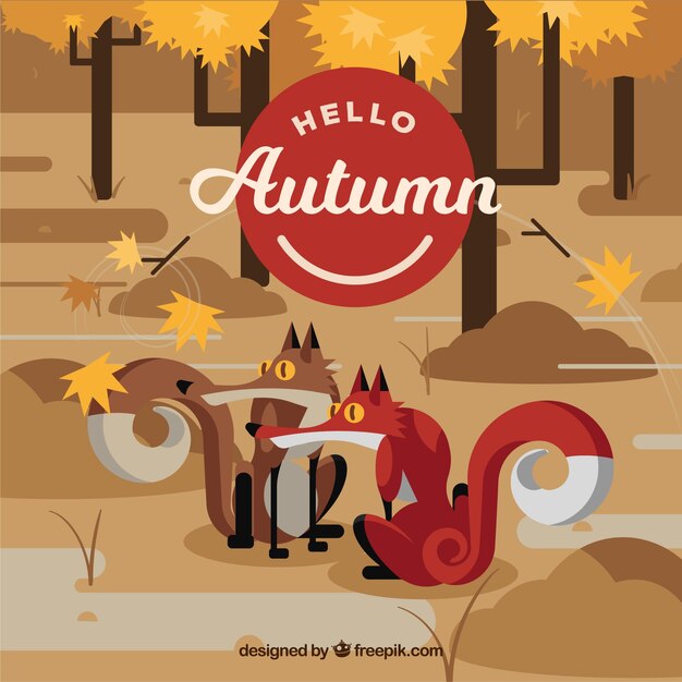 Fondo de otoño con zorros y árboles