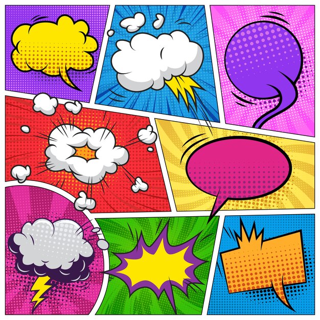 Fondo de página cómica con burbujas de discurso redacciones nubes explosivas semitonos radiales radiales efectos de humor