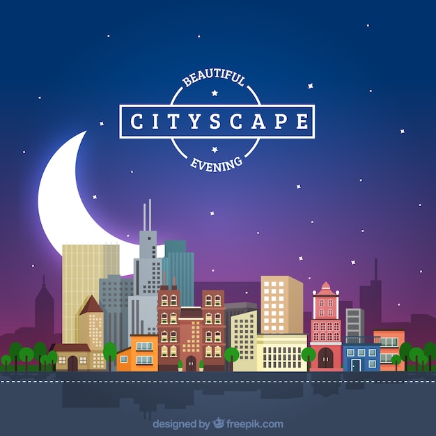 Vector gratuito fondo de paisaje de ciudad nocturno con una gran luna