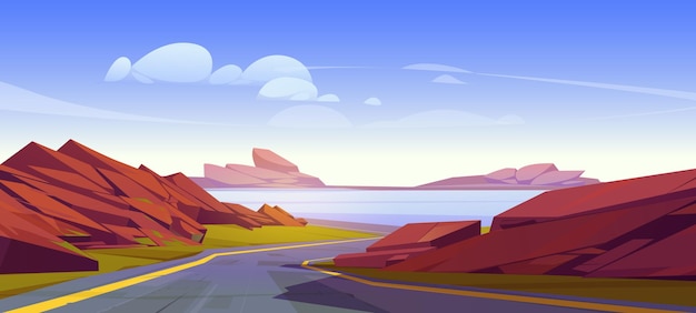 Vector gratuito fondo de paisaje de dibujos animados de carretera de vista a la montaña