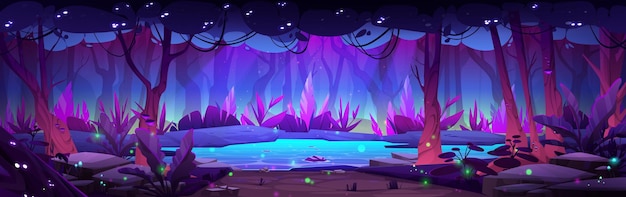 Fondo de paisaje de dibujos animados de estanque de bosque de fantasía Jardín mágico por la noche con hermoso agua de lago encantado y ramas de árboles Resplandor de luciérnaga por la noche en un lugar de aventura para la leyenda de cuento de hadas