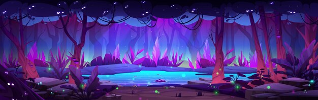 Fondo de paisaje de dibujos animados de estanque de bosque de fantasía Jardín mágico por la noche con hermoso agua de lago encantado y ramas de árboles Resplandor de luciérnaga por la noche en un lugar de aventura para la leyenda de cuento de hadas