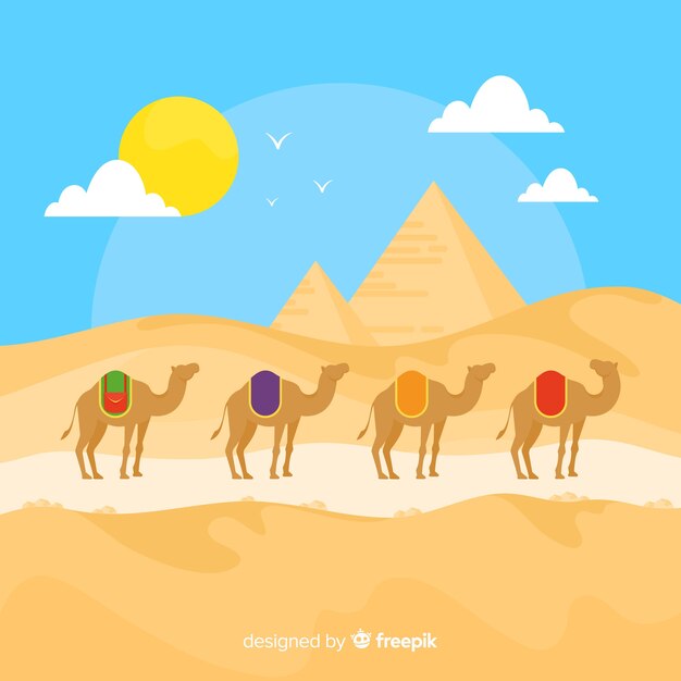 Fondo de paisaje egipcio con camellos y pirámides
