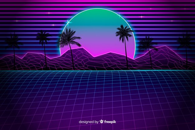 Fondo de paisaje futurista retro con palmeras