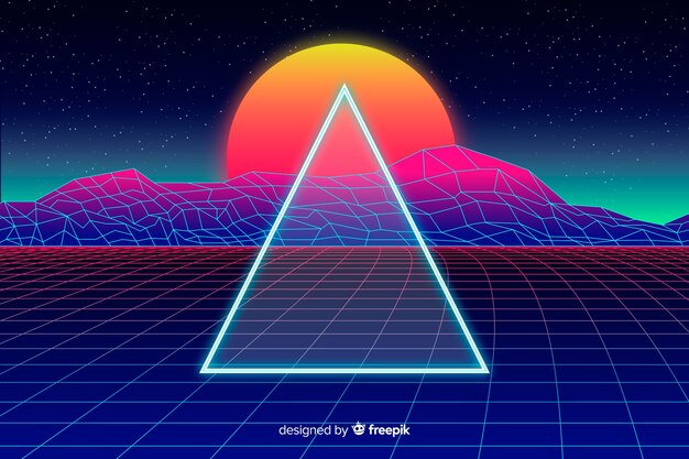 Fondo de paisaje futurista retro con puesta de sol