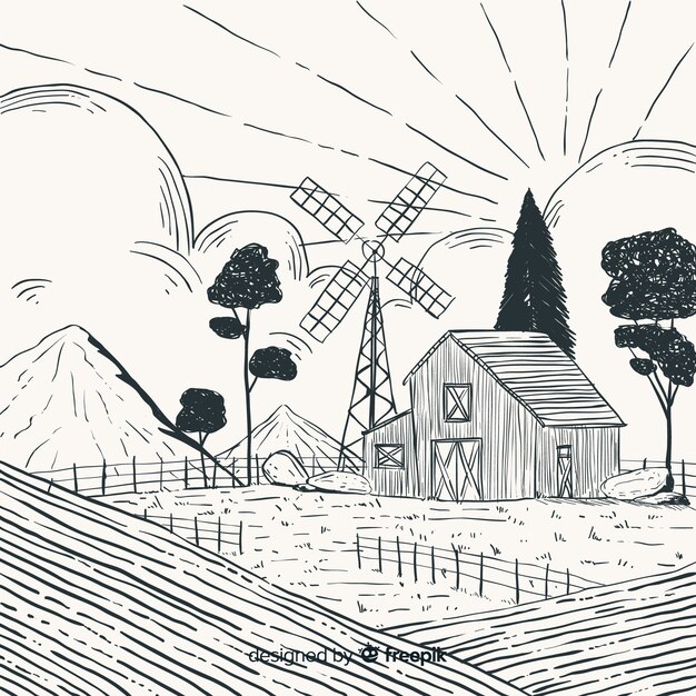 Fondo de paisaje de granja dibujado a mano