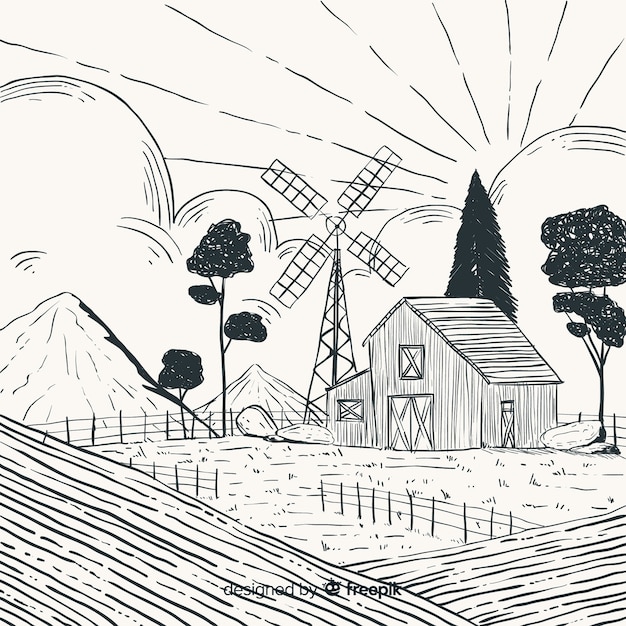 Fondo de paisaje de granja dibujado a mano