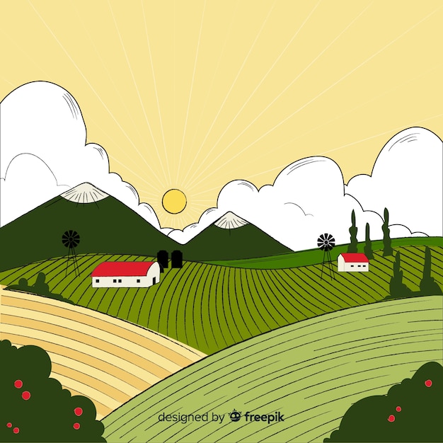 Vector gratuito fondo de paisaje de granja dibujado a mano