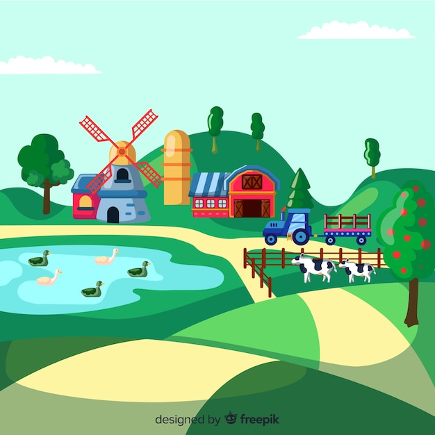 Vector gratuito fondo de paisaje de granja en diseño plano