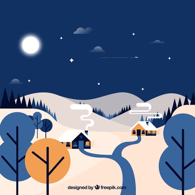 Fondo de paisaje de invierno con acogedoras casas