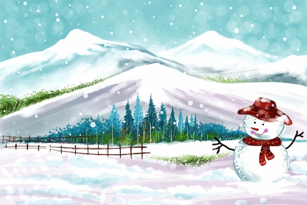Vector gratuito fondo de paisaje de invierno de año nuevo y árbol de navidad con diseño de tarjeta de muñeco de nieve