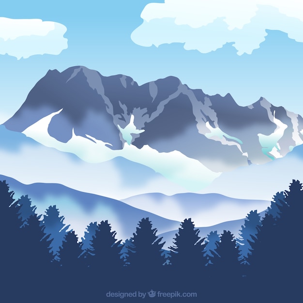 Fondo de paisaje montañoso con niebla 