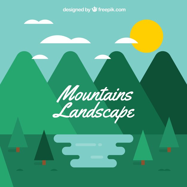 Fondo de paisaje montañoso con pinos en diseño plano 