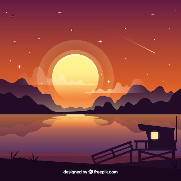 Vector gratuito fondo de paisaje nocturno montañoso con lago