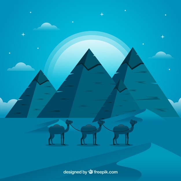Fondo de paisaje nocturno de pirámides de egipto con caravana de camellos