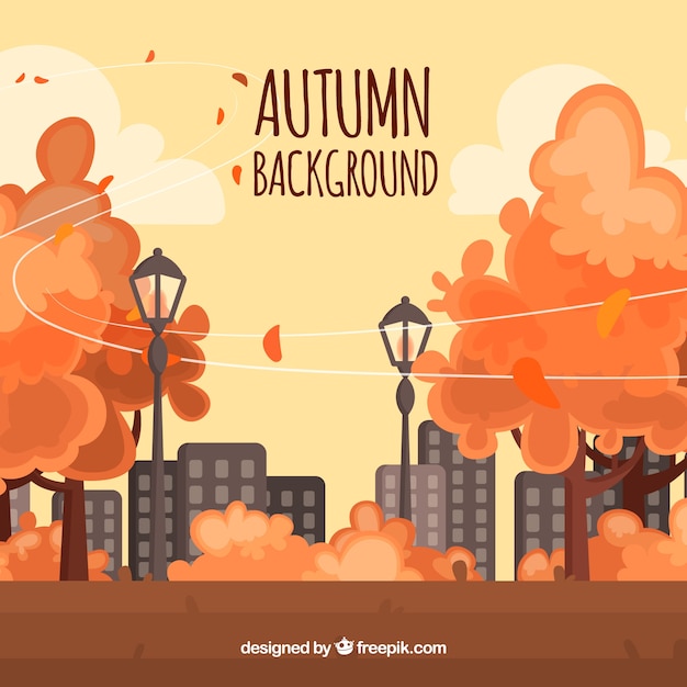 Vector gratuito fondo con paisaje otoñal adorable de diseño plano