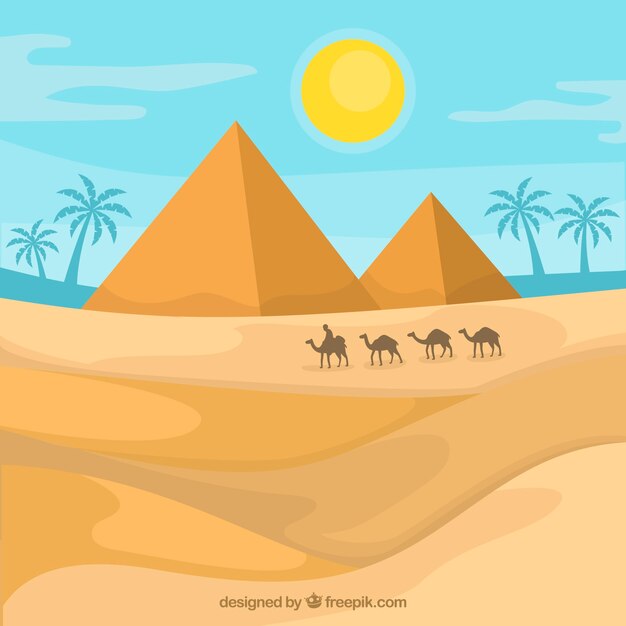 Fondo de paisaje de pirámides de egipto con caravana de camellos