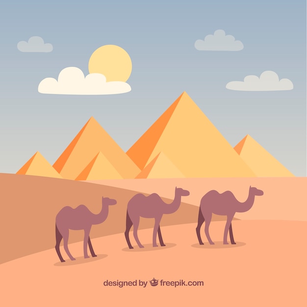Fondo de paisaje de pirámides de egipto con caravana de camellos